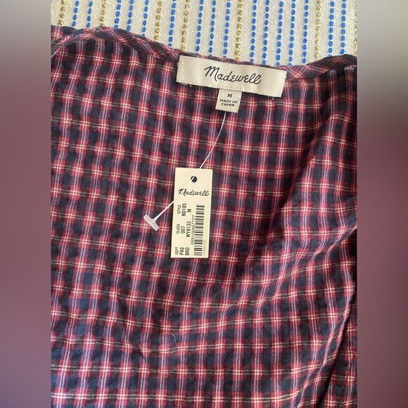 MADEWELL Flutter Sleeve Side Tie Wrap Top Black Red Plaid Women’s Sz Medium NWT - Picture 9 of 13